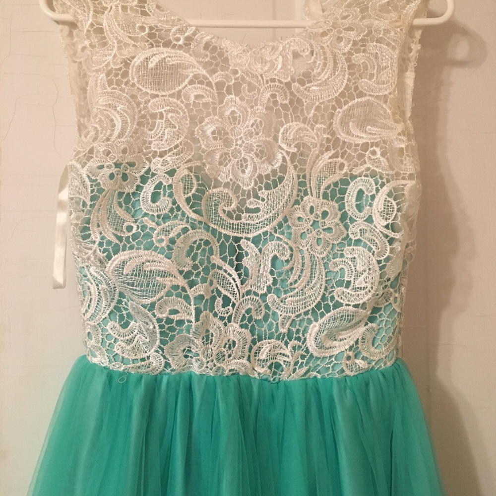Sea foam prom dress with ivory lace